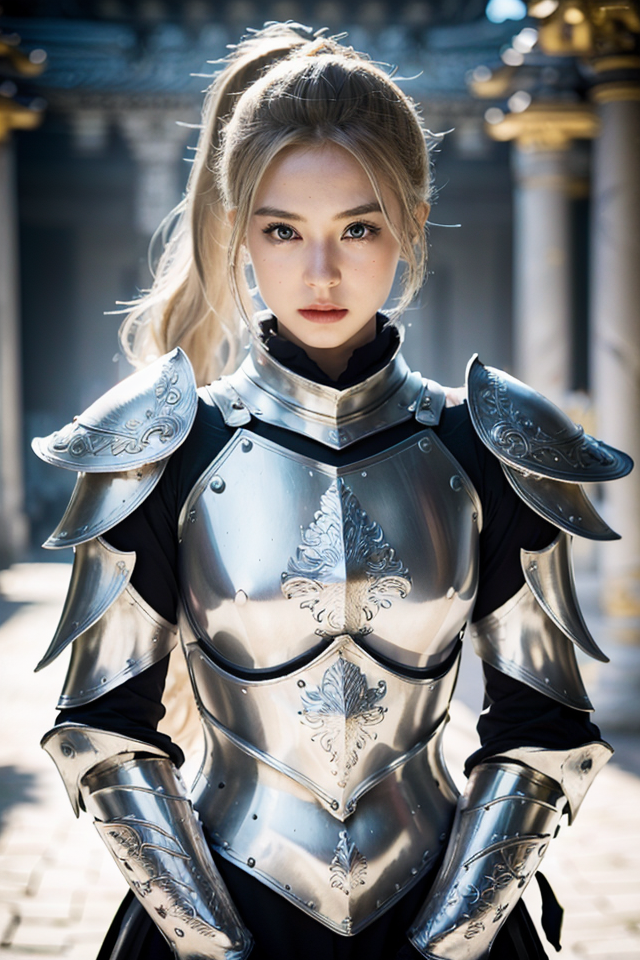half body, walking pose, shot from front, slow motion, female paladin wearing the full body, (light silver armour:1.2),(or...